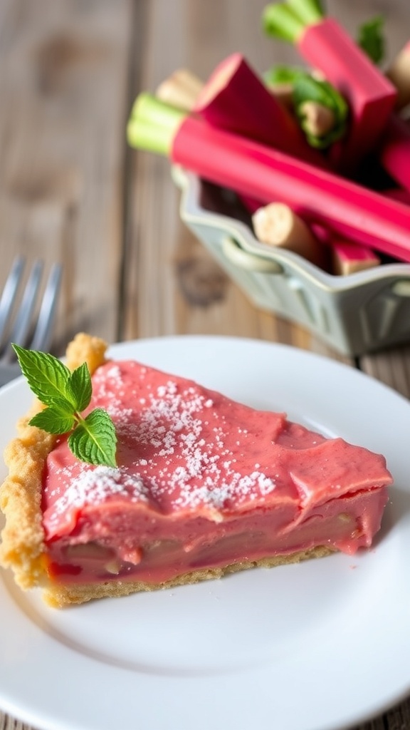 A slice of crustless rhubarb pie with pink filling on a plate, garnished with mint, next to fresh rhubarb stalks.
